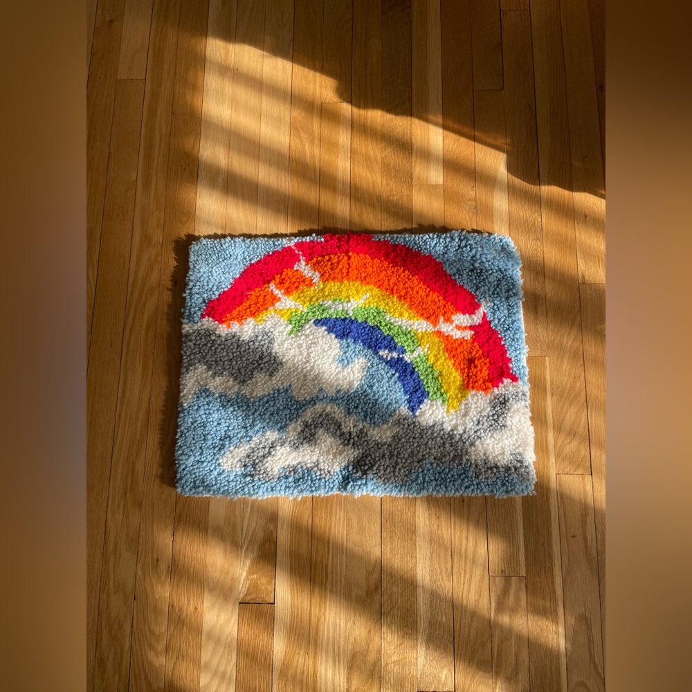 Vintage 70s/80s Rainbow Clouds Sky Latch & Hook Rug/Wall Tapestry/Hanging